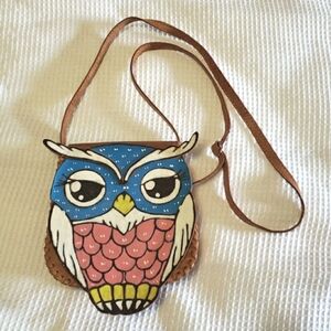 Girls Kids Handmade Leather Crossbody Owl Handbag Purse